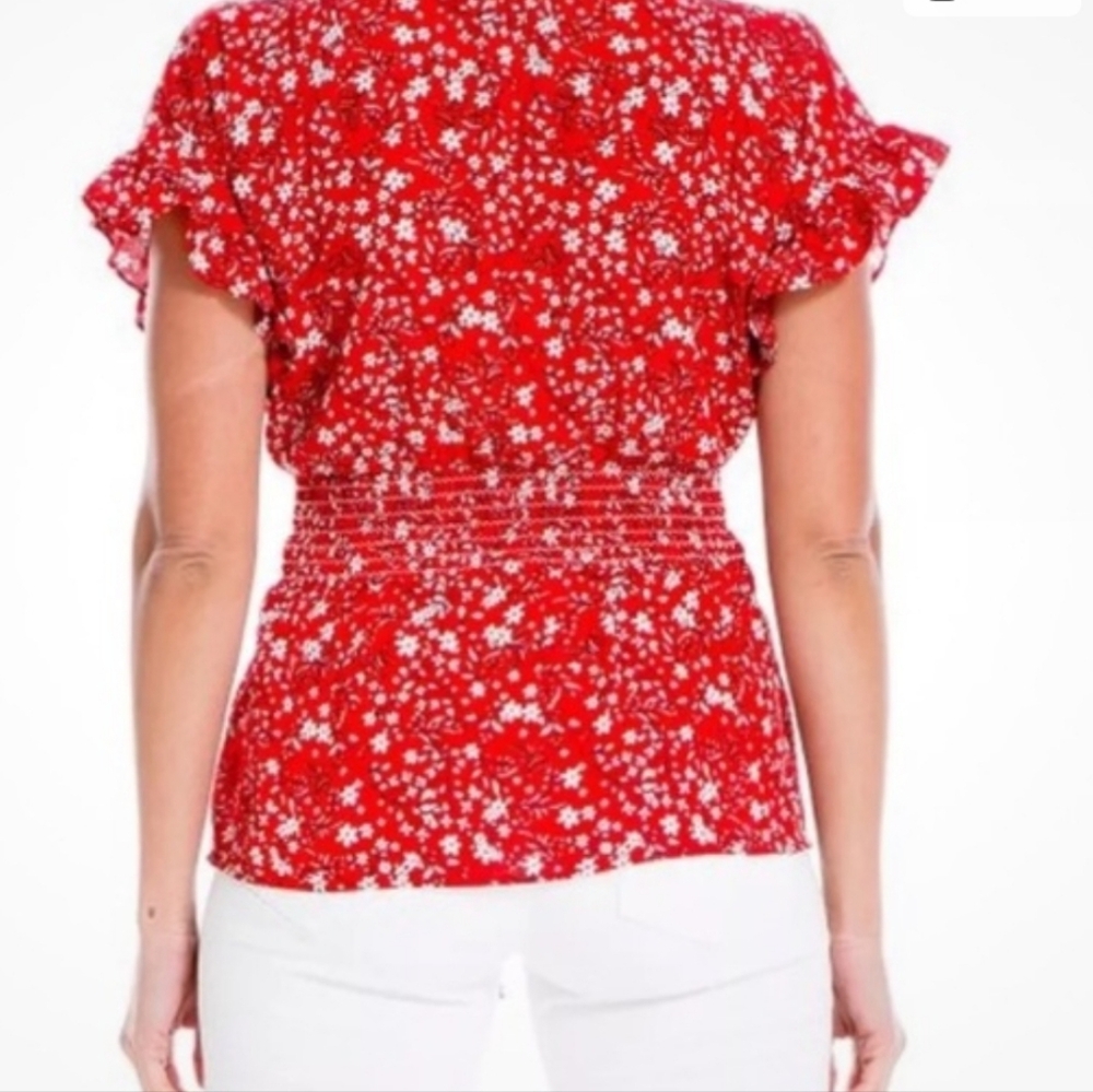 Max Studio Red Floral V-Neck Tie-Waist Blouse - Picture 8 of 15